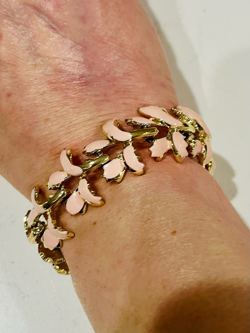 Vintage Coro Pink Enamel Floral Bracelet Gold Tone 1950s 60s